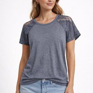 Womens Short Sleeve T-Shirt Round Neck Casual Top Lace Trim Blouse  Small Blue